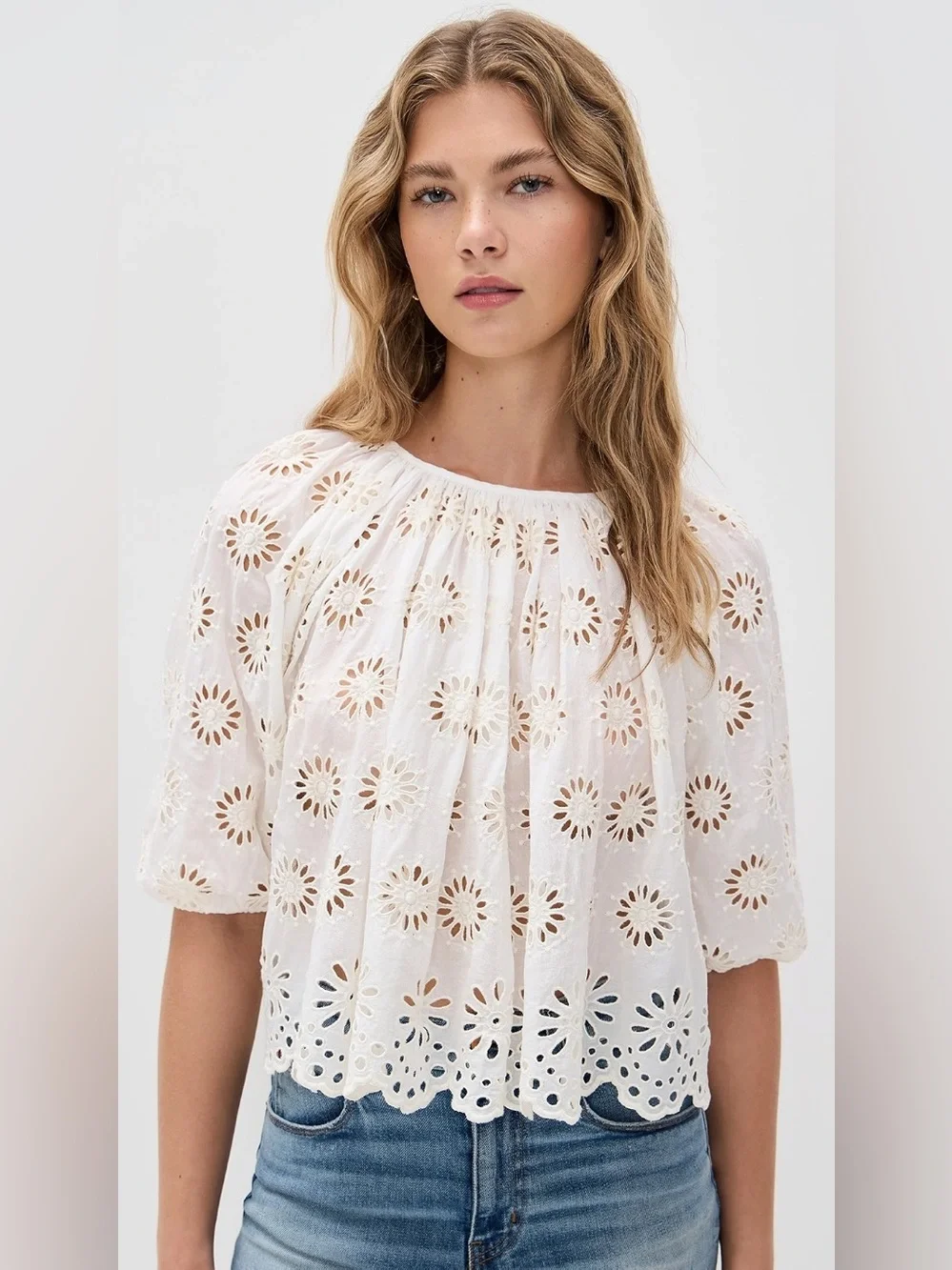 MADEWELL Embroidered Shirred Puff Sleeve Top S